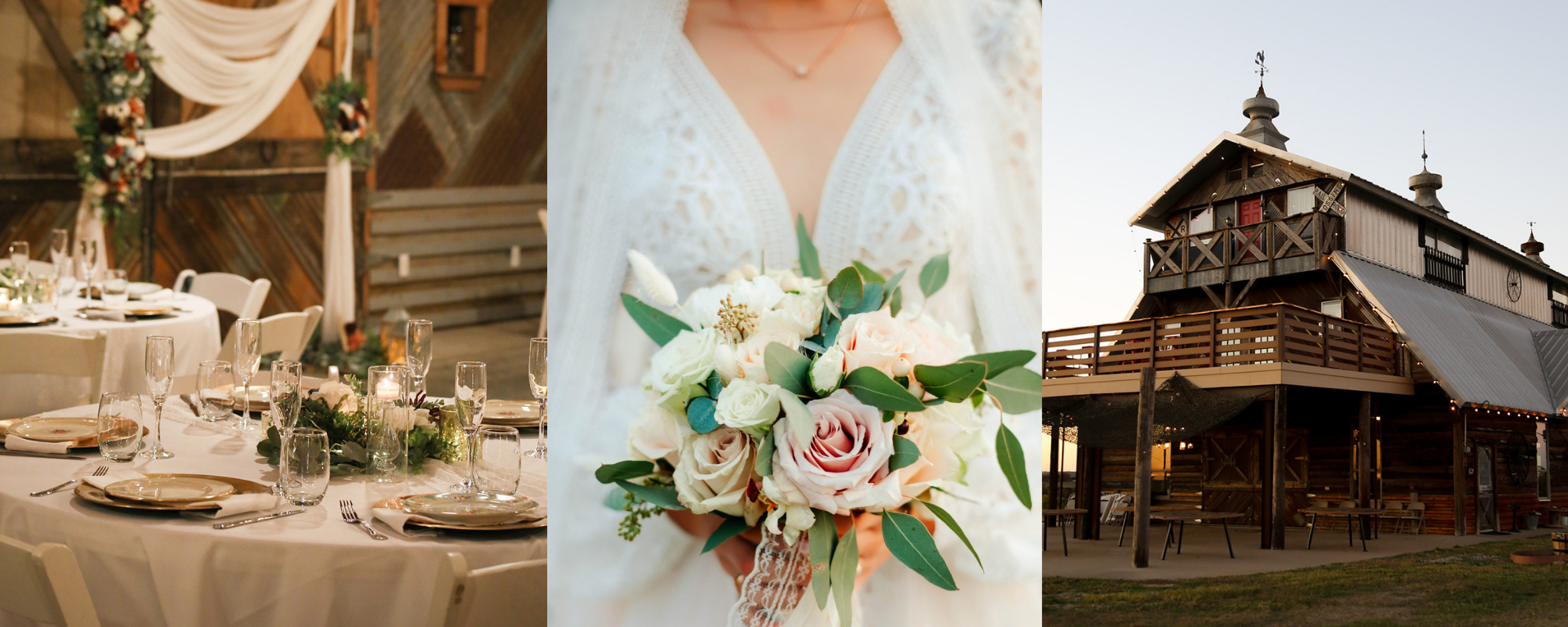 wedding table display, bride holding a bouquet and the exterior of a rustic barn 
